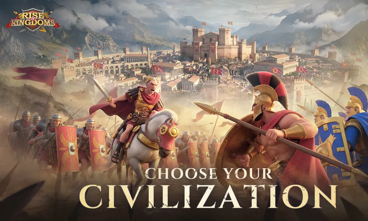 Rise of Kingdoms artwork: Roman and Spartan armies before a walled city